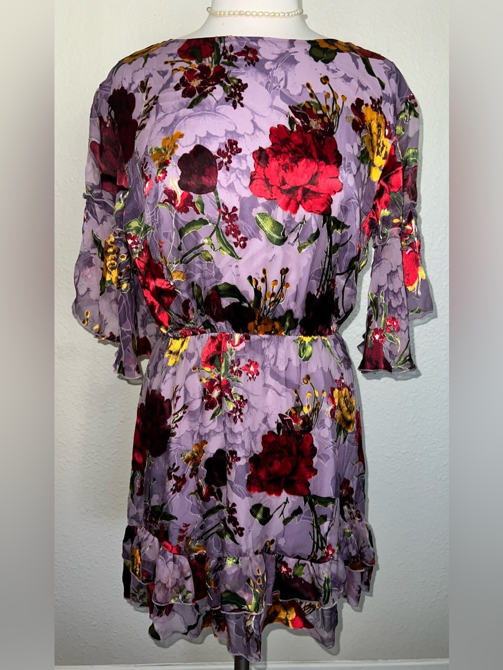 Alice + Olivia Lavender Floral Midi Dress with Red and Yellow Blooms